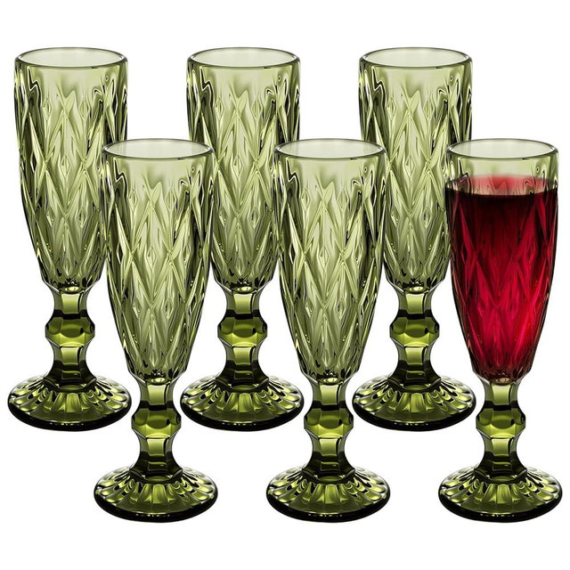 Kawlity 6Pcs Vintage Green Champagne Flutes, Glass Wine Glasses Set, Drinking Goblet Glasses Wedding Glassware for Christmas, New Year, Birthday, Parties, Anniversary（5 OZ）