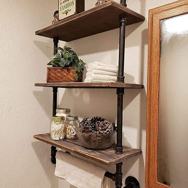 Industrial Pipe Wall Bathroom Shelf Rustic Pipe Shelves with Towel Bar,24" Towel shelfs for Bathroom,Framhouse Floating Shelving Unit Storage (3 tier-24)