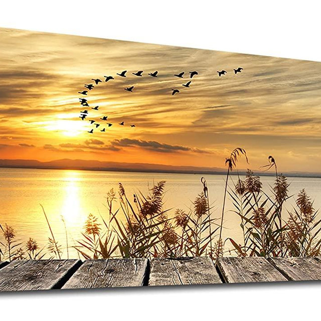 yearainn Canvas Wall Art Sunset Lake Dock Fall Nature Picture 24" x 48" Old Wooden Bridge Reeds Birds Flying Shore Dusk Landscape Canvas Artwork for Bedroom Living Room Home Kitchen Office Wall Decor