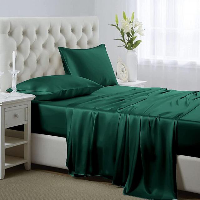 Lanest Housing Silk Satin Sheets, 4-Piece King Size Satin Bed Sheet Set with Deep Pockets, Cooling Soft and Hypoallergenic Satin Sheets King - Dark Green