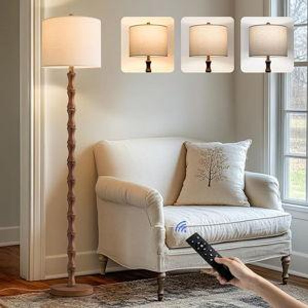 Remote- Light Walnut 62" Rustic Farmhouse Floor Lamp with Remote & Dimmable 9W Bulb, 3 Color Temperatures Tall Resin Standing Lamp, Retro Floor Lamp for Living Room, Bedroom, Office, Nursery, Reading Nock