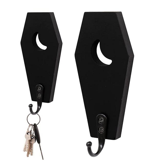 Coffin Key Holder Spooky Gothic Decor,Gothic Home Decor Black Wooden Hanger Hooks for Keys, Mugs, Purse,Wall Mounted Mini Coffin Hangers Holders Decor for Moon Shelf (Pack of 2)