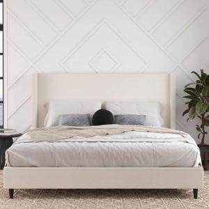 Ana King Upholstered Wingback Bed - Textured Ivory Canvas