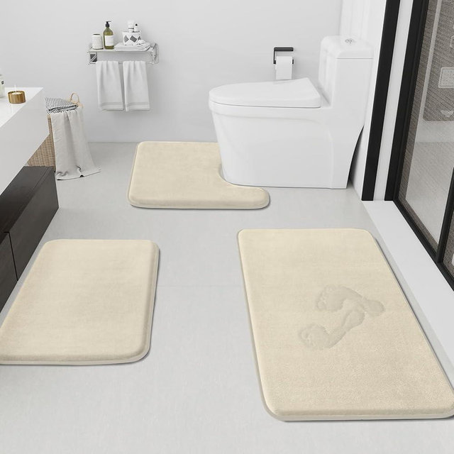 HUXMEYSON Bathroom Rugs Sets 3 Piece, Non-Slip & Quick Dry Bath Mat Set, Ultra Soft Velvet Bath Rugs for Bathroom, Toilet and Shower Floor, Ivory