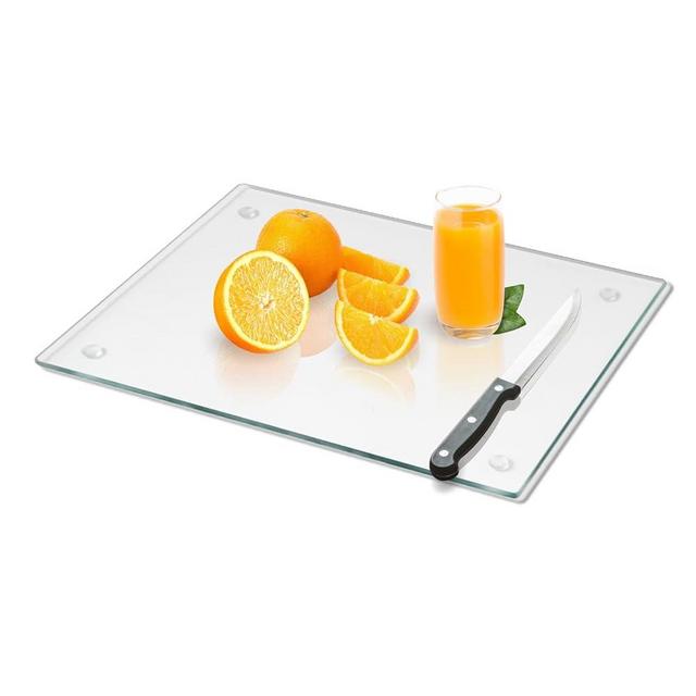 Mymonfif Tempered Glass Cutting Board for Kitchen, Clear Glass Board for Countertop, Heat Resistant, with Non-Slip Feet, 12x16" 1Pcs
