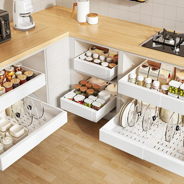 Seinloes 6 Pack Pull out Cabinet Organizer 21"Deep with Raising Pad for Framed Cabinets, Expandable Slide out Drawers for Kitchen Cabinets with 6pcs Divider Racks, Roll out Shelves 12.1"-20.4" W White