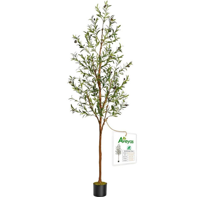 Aveyas 7ft Artificial Olive Tree for Home Decor, 7 Feet Large Faux Plant Fake Skinny Silk Trees with Black Olivo for Indoor Outdoor House Living Room Office (7 ft Tall)