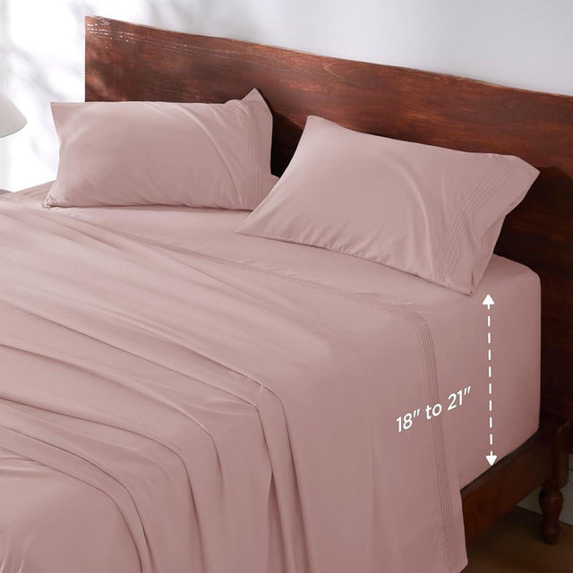 Bedsure Deep Pocket Queen Sheets Set - Fits Mattresses Up to 21" Thick, 4 Piece Air Mattress Sheets with Deep Pocket, Moisture Wicking Soft Cooling Bedding Sheets & Pillowcases, Dusty Pink