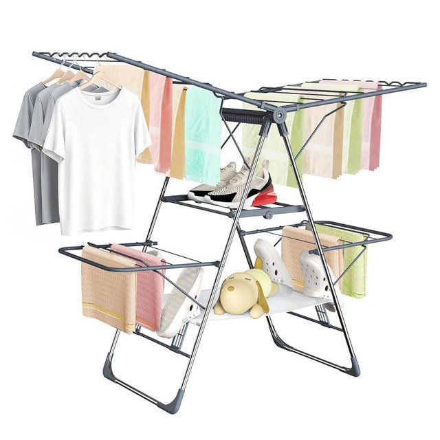 SZJoyBet Clothes Drying Rack, Foldable 2-Level Laundry Drying Rack for Clothes,Stainless Steel Drying Rack Clothing Collapsible for Indoor Outdoor,with Height-Adjustable Wings