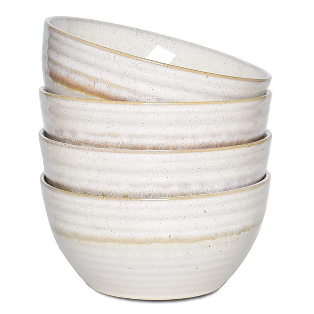 Bosmarlin Ceramic Cereal Bowl Set of 4, 26 Oz, Soup Bowl for Oatmeal, Salad, Dishwasher and Microwave Safe, Reactive Glaze (Beige, 6 in)