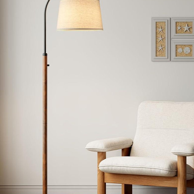 Dimmable Floor Lamp for Living Room, 65" Tall Metal Standing Lamp with LED Bulb, Mid Century Modern Arc Floor Lamp with Linen Shade for Bedroom, Reading Room, Office & Nursery, Black and Rustic Brown