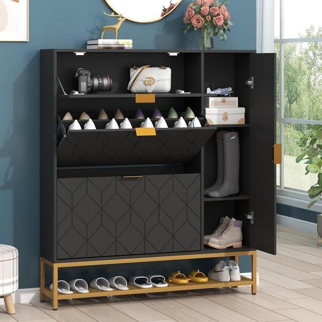 Loomie Shoe Cabinet,Freestanding Tipping Bucket Shoe Rack Organizer with 2 Flip Drawers,Entryway Narrow Shoe Storage with Adjustable Storage Shelf &Top Cubby,Modern Slim Hidden Shoe Cabinet, Black