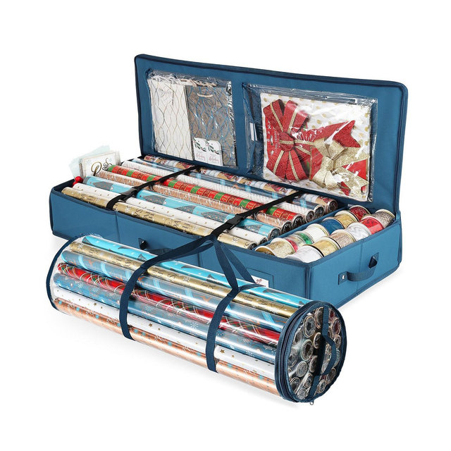 Hearth & Harbor Premium Holiday Gift Wrapping Paper Storage Bag & Accessories Storage Box - Fits Up to 36 Rolls of 40” Total
