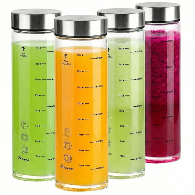 Glass Juice Bottles 4 Pack 20 oz - Wide Mouth Glass Water Bottles with Lids - for Juicing, Protein, Smoothie, Milk, Reusable, BPA Free, Stainless Steel Lids, Blender, Shaker Bottle [20oz/600ml]