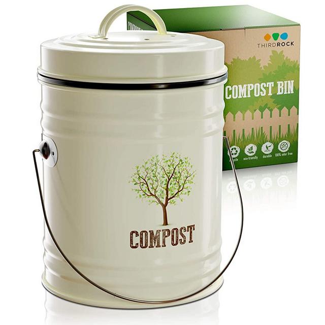 Third Rock Kitchen Compost Bin - 1.3 Gallon Indoor Compost Bin Countertop - Includes Inner Compost Bucket Liner & Charcoal Filter, White