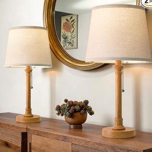Oneach 19.5" Small Table Lamps Set of 2, Pull Chain Switch Bedside Metal Table Lamps, Modern Nightstand Lamp with Linen Shade, Rustic Lamp for Living Room, Bedroom, Home Office, Nursery