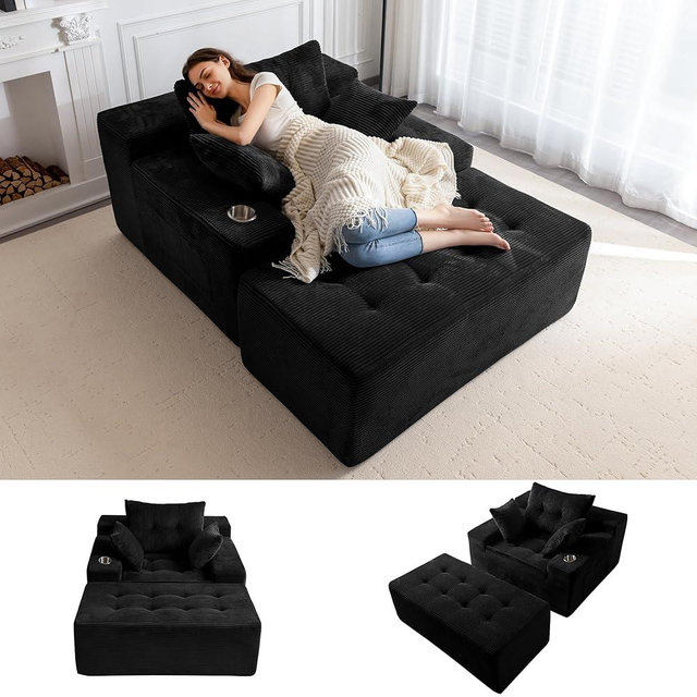 MAXYOYO Oversized Chaise Lounge Sofa, Upholstered Lounge Chair with 3 Pillows Indoor, Tufted Boneless Sofa Couch with Ottoman, Deep Seat Sleeper Chair for Living Room, Bedroom, No Assembly, Black