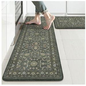 KIMODE Comfort Kitchen Mats for Floor Cushioned Anti Fatigue,Boho Vintage Kitchen Rugs Sets of 2 Non Slip,Memory Foam Kitchen Floor Mat Carpet for Laundry Office Home Decor,Dark Green