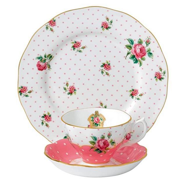 New Country Roses Cheeky Pink 3 Piece Set (Teacup, Saucer, Plate) by Royal Albert, Mostly White with Multicolored Floral Print, 12.00 x 2.80 x 11.00 inches (CHEPNK26586)