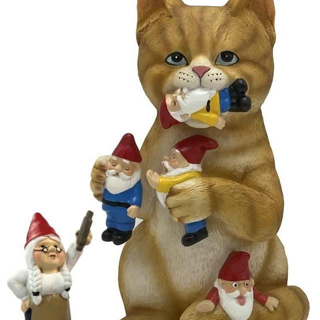 by Mark & Margot - Mischievous Cat Garden Gnome Statue Figurine - Best Art Décor for Indoor Outdoor Home Or Office (Orange)