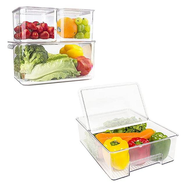 elabo Food Storage Containers Fridge Produce Saver- Stackable Refrigerator Organizer Keeper Drawers Bins Baskets with Lids and Removable Drain Tray for Veggie, Berry and Fruits