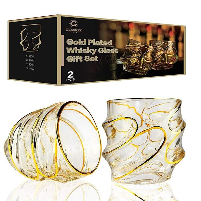 Crystal Whiskey Glass Set of 2, 10-ounce Gold Lining Heavy Base Short Drinking Glassware for Bourbon Scotch Irish Whisky Cocktail Water Home Bar Party