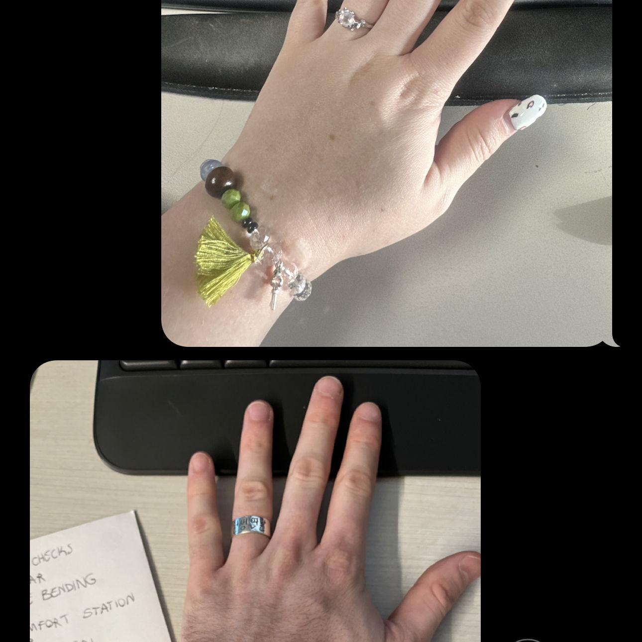 our first set of couple rings - Kyle's has Maddi's handwriting, Maddi's is a rose quartz hand-picked by Kyle and given one month after dating.