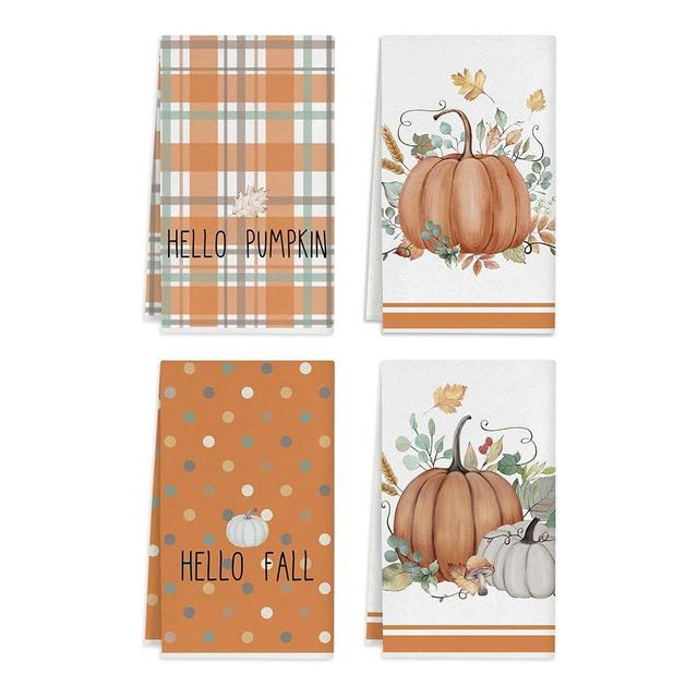 Cloudfomila 4Pcs Fall Kitchen Towels Pumpkin Hand Dish Towels Seasonal 18'' x 26'' Absorbent Tea Towels Buffalo Plaid Cleaning Dish Cloths for Thanksgiving Autumn Holiday Baking