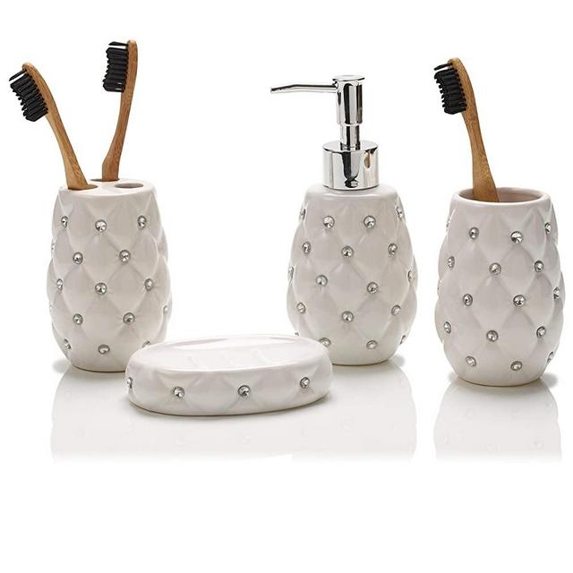 Zuvo Ceramic Counter Top Bathroom Accessory Set Includes Soap Dispenser,Toothbrush Holder,Tumbler,Soap Dish (White Diamond)