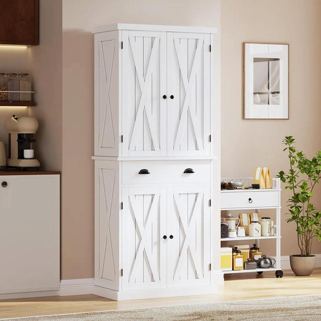YITAHOME 72'' Tall Kitchen Pantry, Farmhouse Kitchen Storage Cabinets with Barn Doors, Drawer and Adjustable Shelves, Wood Cupboard for Dining Room, Living Room, White