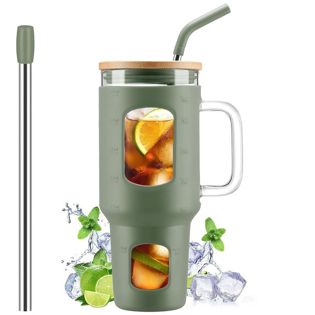 WINSA Glass Tumbler with Straw and Lid, 40 oz glass cup with handle, Glass Water Bottles with Time Marker, Silicone Protective Sleeve-Olive