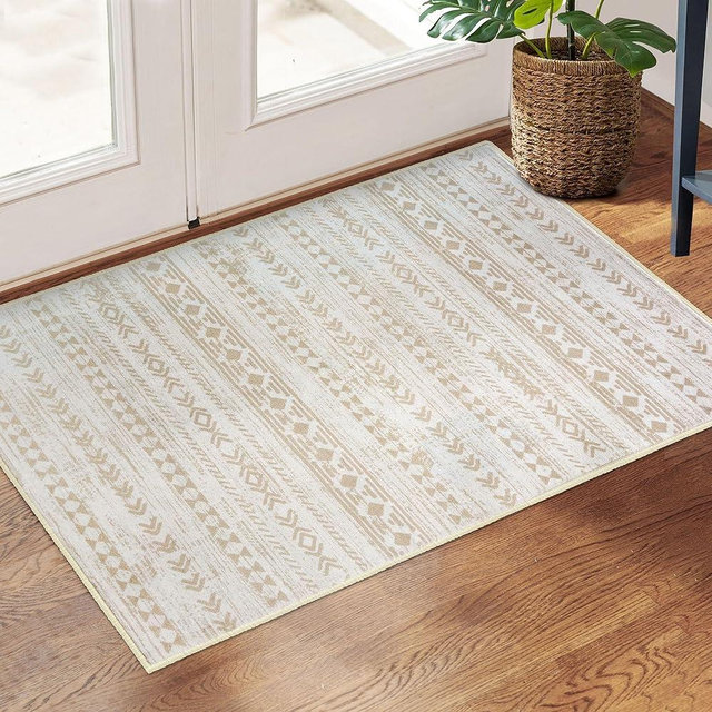 Alfasoft Moroccan Entryway Rug 2x3 Beige Small Area Rug Kitchen Rugs Non-Slip Washable Soft Print Vintage Distressed Geometric Low-Pile Indoor Door Mat Floor Carpet for Entrance Bathroom Bedroom