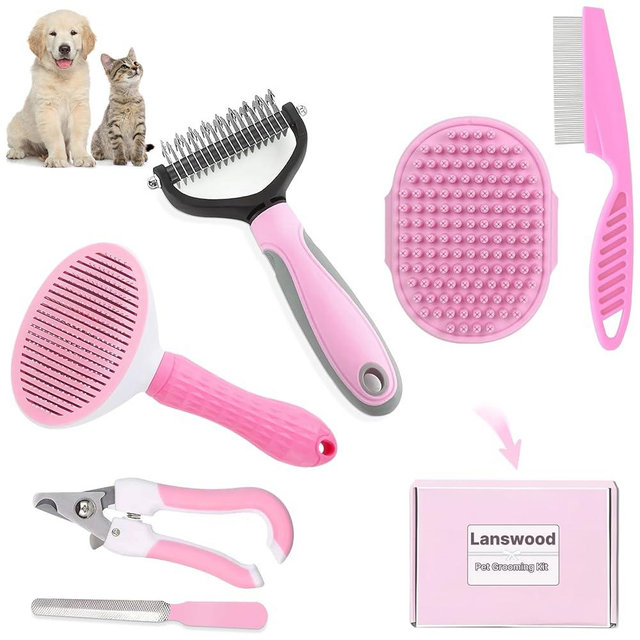 Lanswood Dog Brush Grooming Kit 6PCS Dog Brush for Shedding-Dogs Brushes for Grooming, Dematting Comb for Dogs, Nail Clipper with Nail File, Flea Comb, Cat Bath Brush-Pink