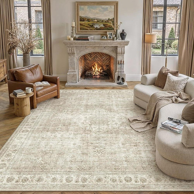 PureCozy 8x10 Beige Area Rug for Living Room,Non-Slip Backing Washable Carpet,Vintage Large Low Pile Area Rug，Easy Care Ideal for High Traffic Soft Carpet in Bedroom Office Coffee Table Dining Room