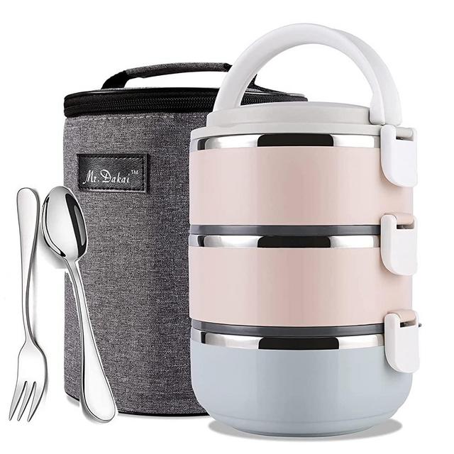 Mr.Dakai Upgrade Leak-Proof - Bento Box Adult Lunch Box with Insulated Bag Spoon Fork, 3-Tier Stainless Steel Stackable Thermal Food Container for On-the-Go Meal and Snack Packing (Rainbow Round)