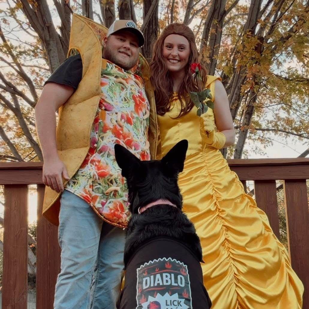 Taco + Belle and our spicy girl, Lou, on Halloween 2025