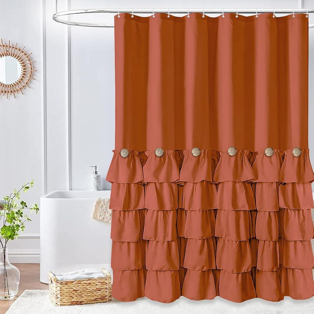 Seasonwood Orange Shower Curtain Burnt Orange Shower Curtain with Nature Buttons Ruffle Shower Curtains Farmhouse Shower Curtains for Bathroom 72" W x 72" L,Dark Orange