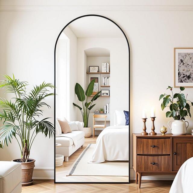LadyNow Full Length Mirror, 71"x32" Oversized Floor Mirror Freestanding, Full Body Mirror Floor Standing Mirrors with Stand, Hanging Mounted Mirrors for Bedroom Living Room, Black, Arched Style