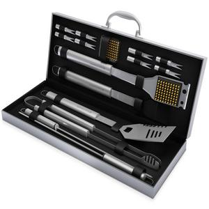 Home-Complete BBQ Grill Tool Set- 16 Piece Stainless Steel Barbecue Grilling Accessories with Aluminum Case, Spatula, Tongs, Skewers