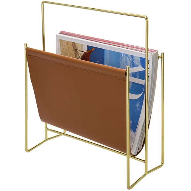 MyGift Modern Brass Plated Metal Wire and Caramel Leatherette Sling Freestanding Magazine Holder Rack