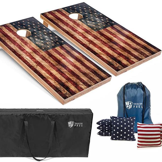 Tailgating Pros Regulation Cornhole Boards Flag Set - Includes 8 Bean Bags, Carrying Cases, and 4'x2' Corn Hole Toss Game - Optional LED Lights