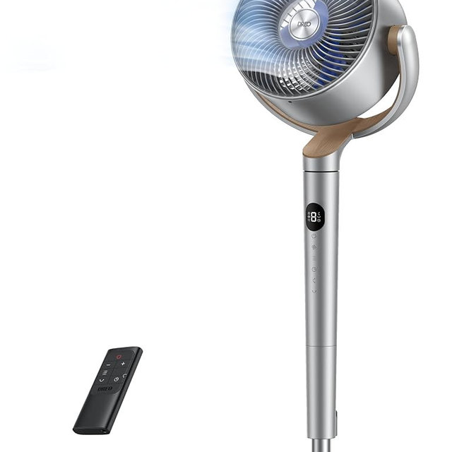 DREO Fan for Bedroom, 120°+120°Omni-directional Oscillating Fan, 90ft, DC Motor, 20 dB Quiet Standing Pedestal Fans, 8 Speeds, 3 Modes Circulator with Remote, 35-40" Adjustable Height, 8H Timer