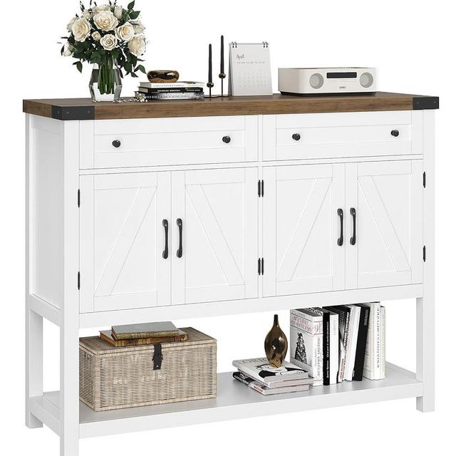 HOSTACK Buffet Sideboard Cabinet with Storage, 47.2" Modern Farmhouse Coffee Bar with 2 Drawers, Barn Doors Console Table with Shelf for Kitchen, Dining Room, Living Room, Entryway (White)