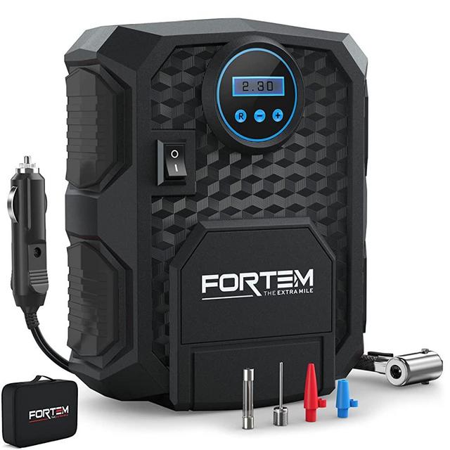 FORTEM Tire Inflator Portable Air Compressor, Bike Tire Pump, 12V Electric Air Pump for Car Tires and Bicycles w/LED Light, Digital Tire Pressure Gauge w/Auto Pump/Shut Off, Carrying Case (Black)