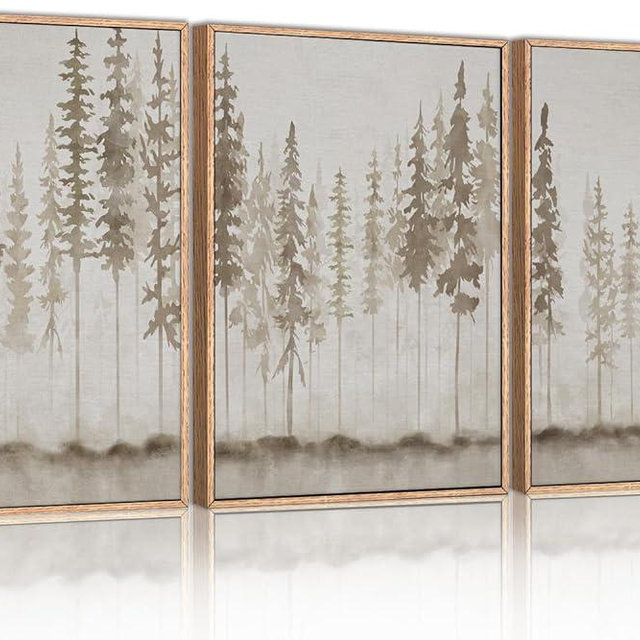 HPINUB Misty Forest Framed Canvas Wall Art Set, Foggy Pine Tree Wall Decor, Pastel Nature Landscape Wall Painting, Evergreen Coniferous Plant Art Print for Living Room, Bedroom, Office - 16"x24"x3