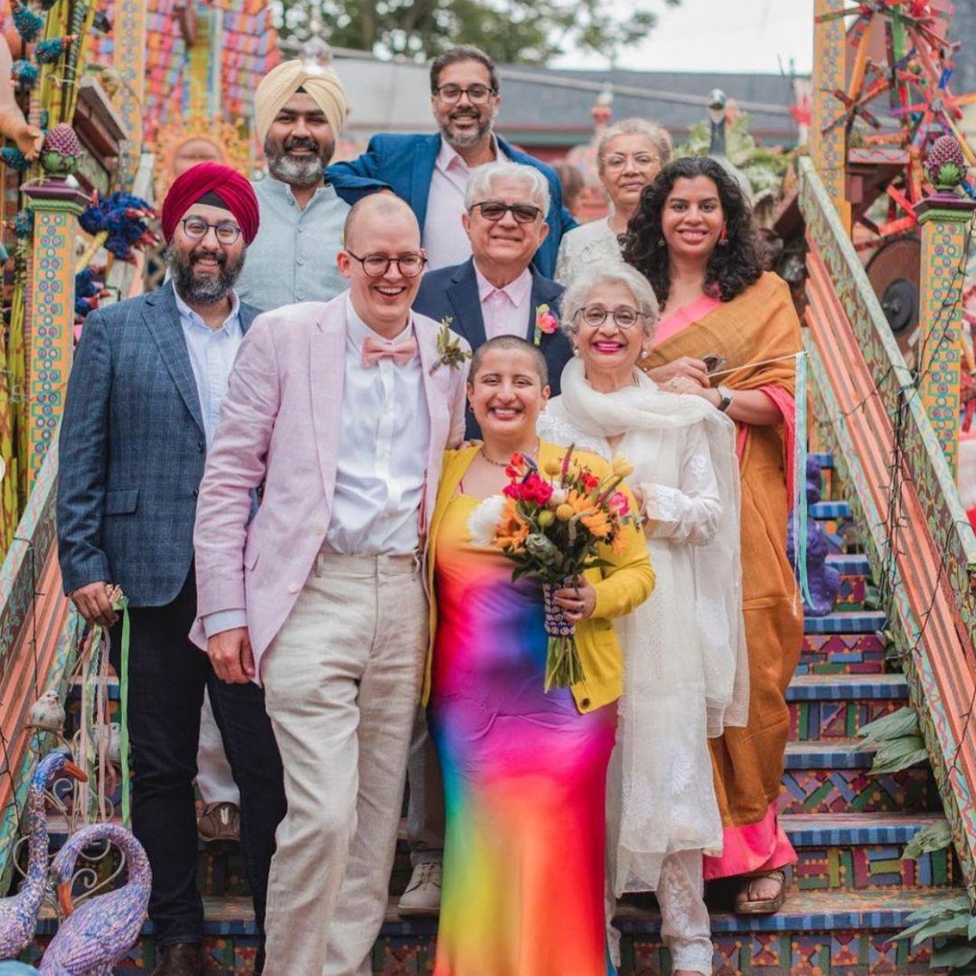 Family pic from Sonya and Matt's wedding with Meera's parents, Sonny and Chetna, aunt Rekha, and cousins Avjit and Ramit.
