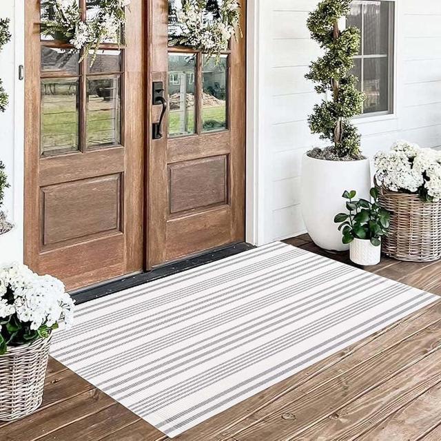 Front Porch Rug 24'' x 51'' Grey and White Striped Outdoor Rug Washable Front Door Mat Entryway Rugs Cotton Woven Indoor/Outdoor Layered Doormats for Laundry Room/Bathroom/Bedroom/Living Room