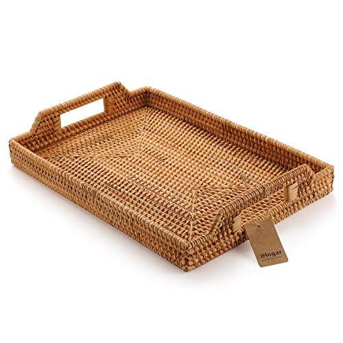 Hand-Woven Rattan Rectangular Serving Tray with Handles for Breakfast, Drinks, Snack for Coffee Table (17x11.4inches, Natural)