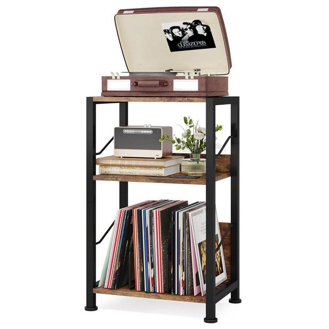 Hosfais 3-Tier Record Player Stand - Retro Vinyl Record Storage End Table Records for Living Room Bedroom (Rustic Brown)