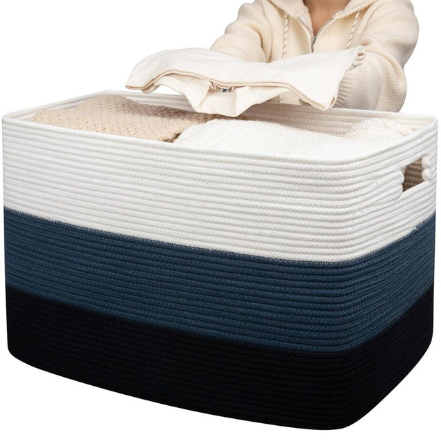 OIAHOMY 118L Extra Large Blanket Basket, Rectangle Woven Cotton Rope Storage Basket,Used for storing Dirty Clothes, Stuffed Animal Toy Storage for Living Room,Kids Room,25" x 17" x 16", Gradient Blue